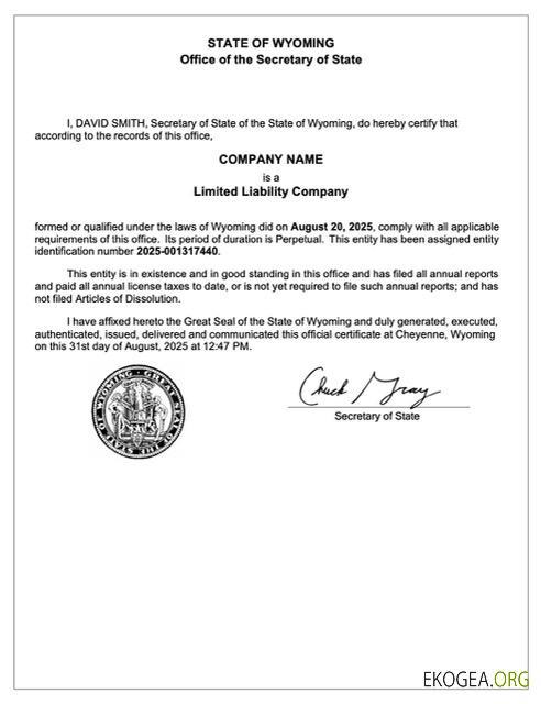 Modèle Word et PDF de certificat d'enregistrement du Wyoming aux États Unis, version 2